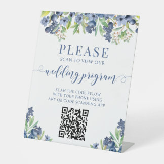 Blaue Beere Süße Florale QR-Code-Hochzeitsprogramm Sockelschild