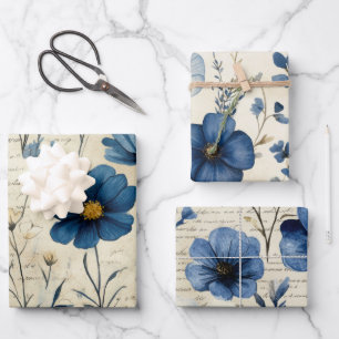 Blaue Beige Aquarell Blumen Vintage Antik   Geschenkpapier Set