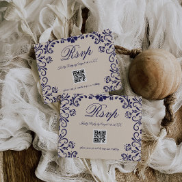 Blaue Beige Blumen Hochzeit QR RSVP Karte