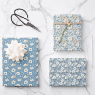 Blaue Beige Cottagecore Blumen Baby Brautparty  Geschenkpapier Set