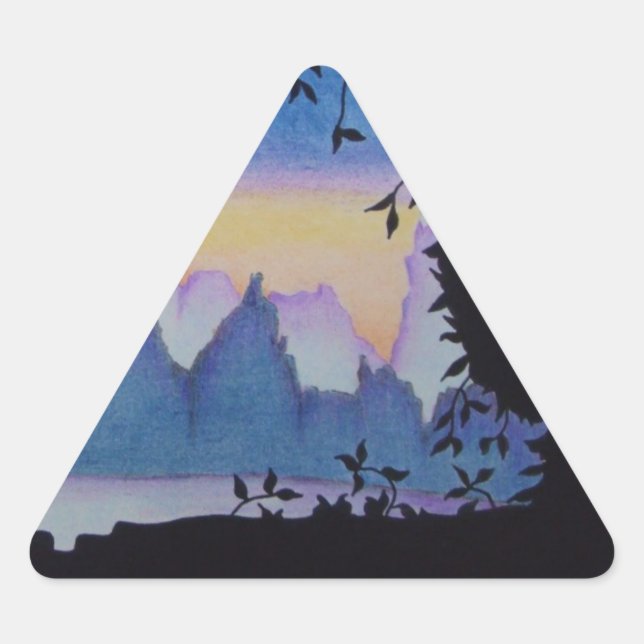 Blaue Berge abstrakte Sonnenlandschaft Kunst Dreieckiger Aufkleber (Vorderseite)
