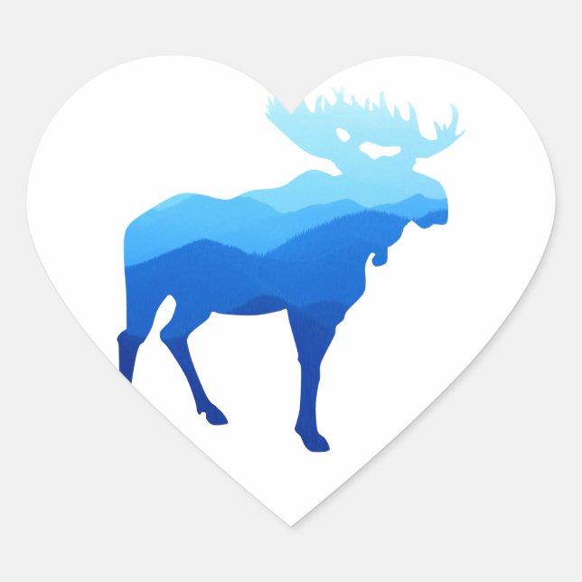 Blaue Berge Elche Silhouette Herz-Aufkleber (Vorderseite)