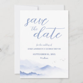 Blaue Berge und Vögel Hochzeit speichern das Datum Einladung