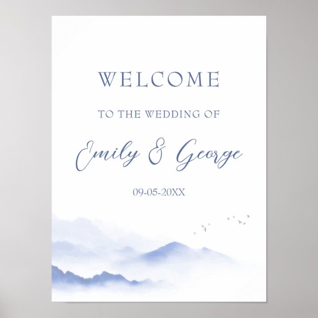 Blaue Berge und Vögel Hochzeitsplakat Poster (Vorne)