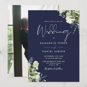 Blaue Blätter Elegante Foto-Hochzeit Einladung