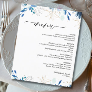 Blaue Blätter Hochzeitsmenü Karte