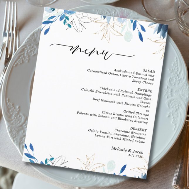 Blaue Blätter Hochzeitsmenü Karte (Von Creator hochgeladen)