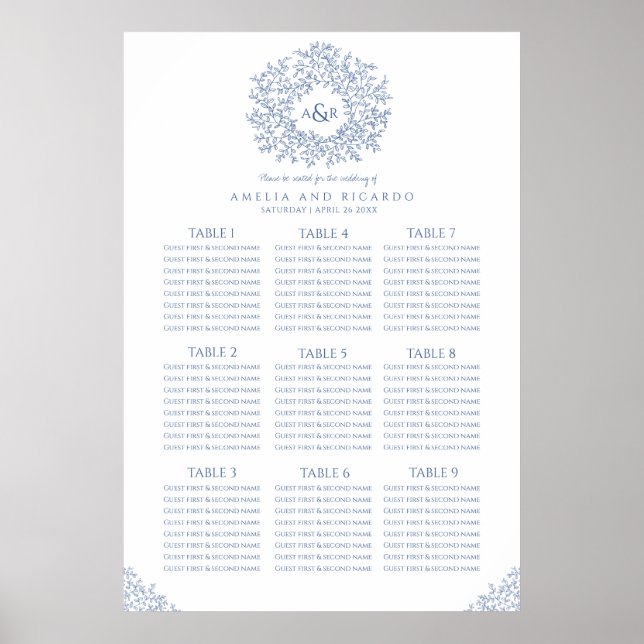 Blaue Blätter im Kreis Hochzeitstichtafel Poster (Vorne)