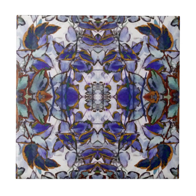 Blaue Blätter Kaleidoskop Tile Fliese (Vorderseite)