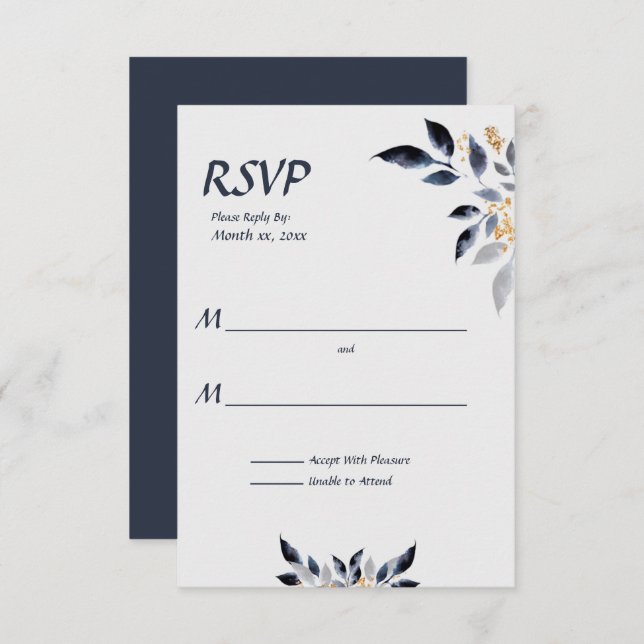 Blaue Blätter mit Gold Wedding RSVP (Vorne/Hinten)
