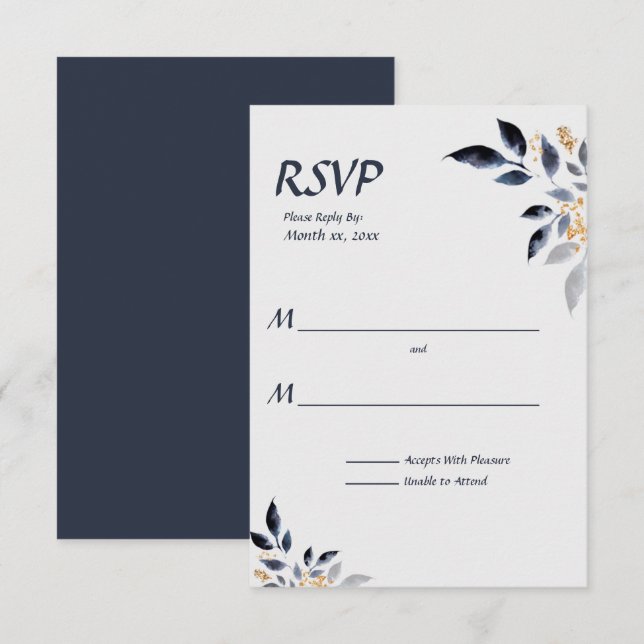 Blaue Blätter mit Gold Wedding RSVP Karte (Vorne/Hinten)