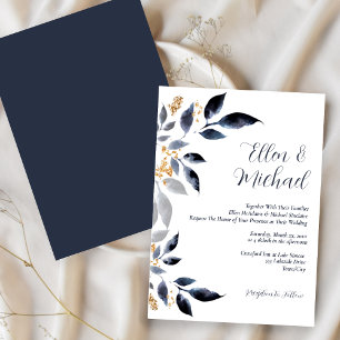 Blaue Blätter mit Goldhochzeit Einladung