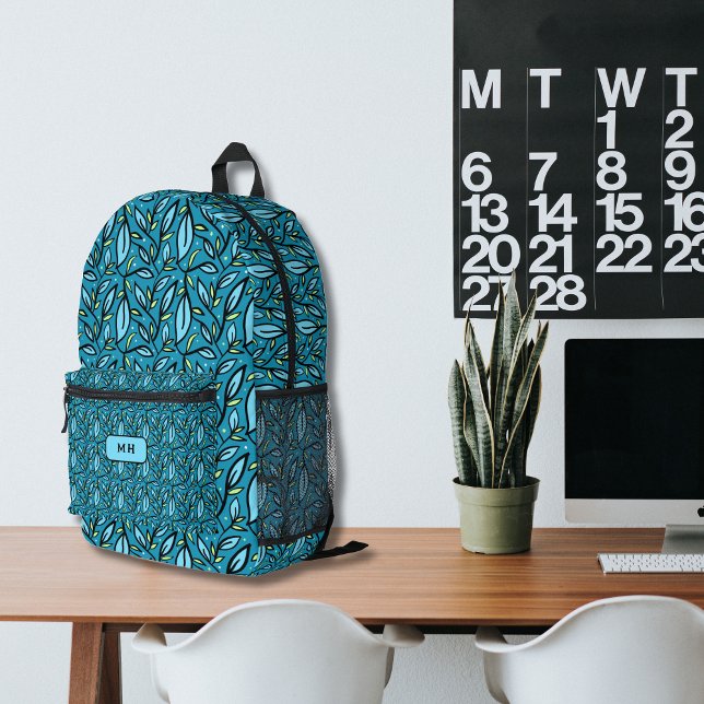 Blaue Blätter Muster mit Monogramm Bedruckter Rucksack (Blue Leaves pattern backpack, custom monogram family name. bilingual text multilingual project)