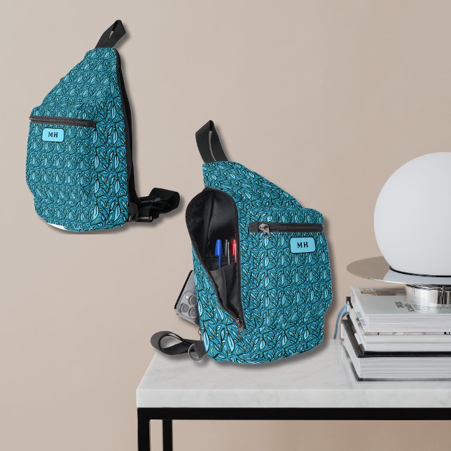 Blaue Blätter Muster mit Monogramm Crossbody Bag (Blue leaves pattern sling bag, monogram family name customizable. multilingual project)