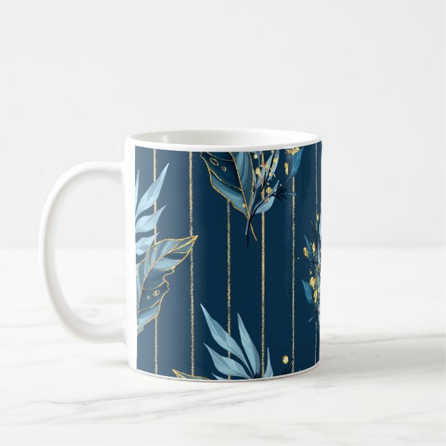 Blaue Blätter Nahtlose Wrap Hintergrund Kaffeetasse (Links)