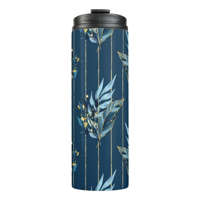 Blaue Blätter Nahtlose Wrap Hintergrund Thermosbecher (Vorderseite)