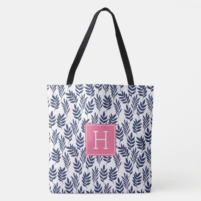 Blaue Blätter und rosa Monogramm (Vorderseite)