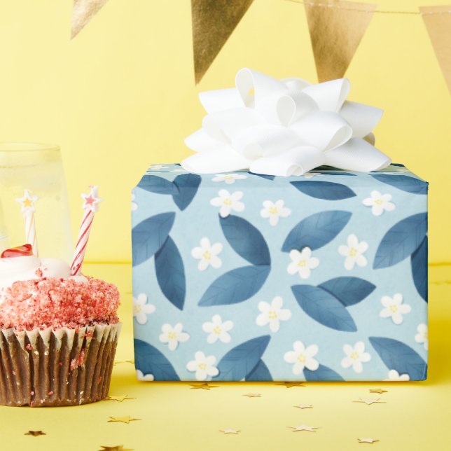 Blaue Blätter und weiße Blume Nahtloses Muster Geschenkpapier (Geburtstagsparty)