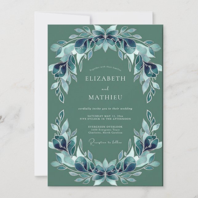 Blaue Blättrige Hochzeit Einladung (Vorderseite)