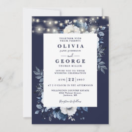 Blaue blaue, rustikale, blumenreiche Hochzeit Einladung