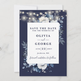 Blaue blaue, rustikale, blumenreiche Hochzeit Save The Date