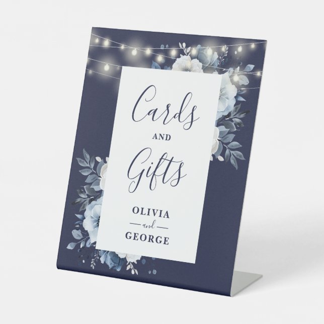 Blaue blaue Saitenleuchten Blumenkarten und Gesche Sockelschild (Vorderseite)