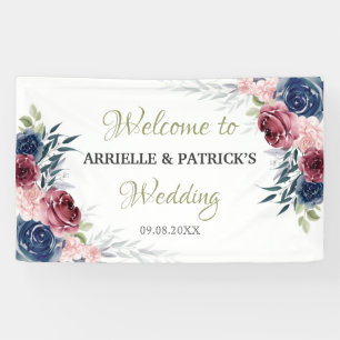 Blaue blühende Rose Blush Pink Hochzeitstag Hinter Banner