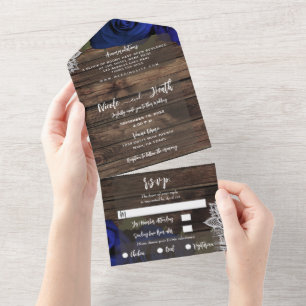 Blaue blühende Rose Rustikale Hochzeit aus Holz All In One Einladung