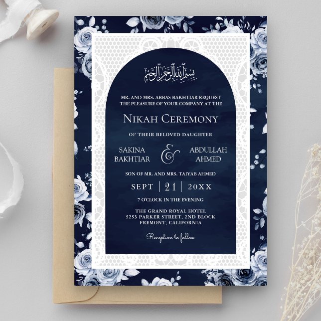 Blaue blühende weiße Spitzen-muslimische Hochzeit Einladung (Von Creator hochgeladen)
