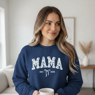 Blaue Blümchen-Varsity-Mama-Est-Mindestmaß Feminin Sweatshirt