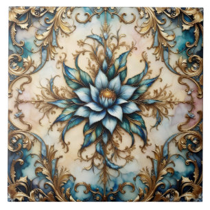Blaue Blume, blau-grün-goldenes Blattmotiv Fliese