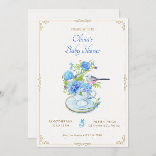 Blaue Blume-Bouquet-Vogel-Babydusche Einladung