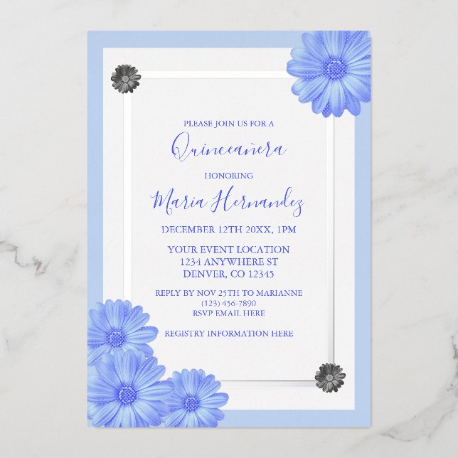 Blaue Blume Elegante Quinceanera Folieneinladung (Vorderseite)