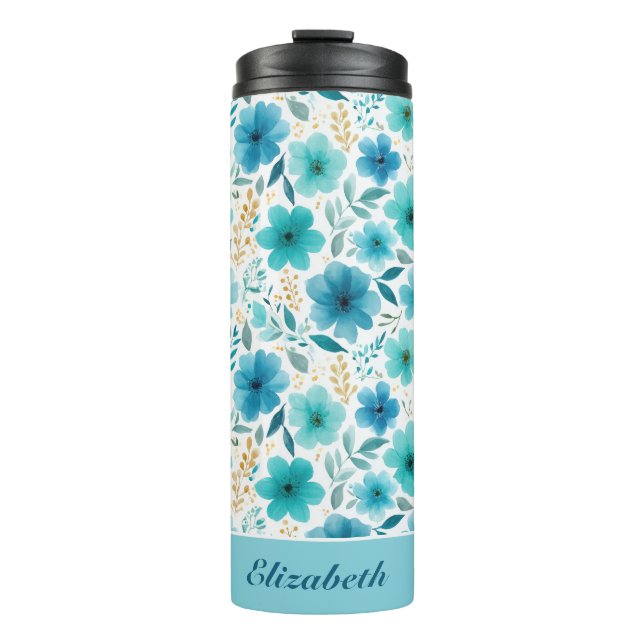 Blaue Blume Eleganter Individuelle Name Thermosbecher (Vorderseite)