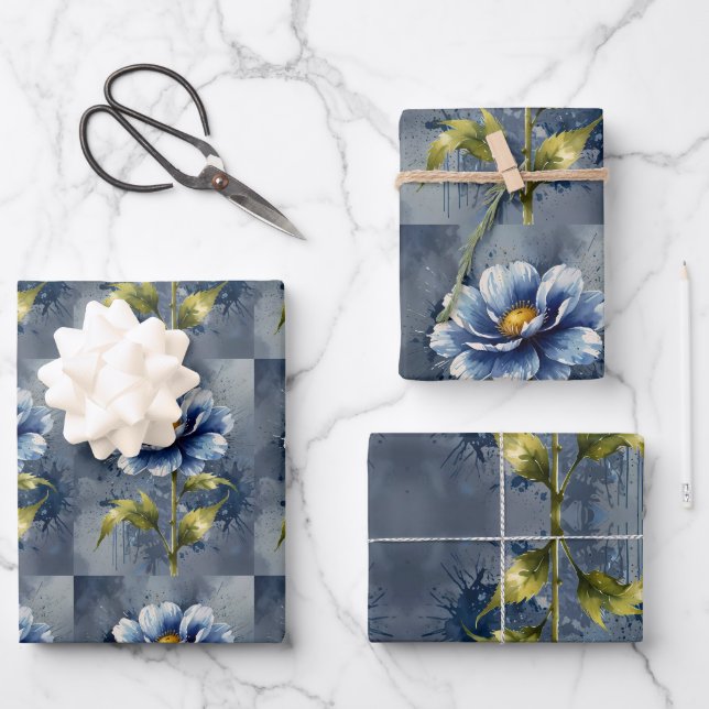 Blaue Blume Geschenkpapier Set (Vorderseite)