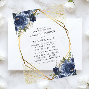 Blaue Blume Gold Geometric Moderne Hochzeit Acryleinladungen