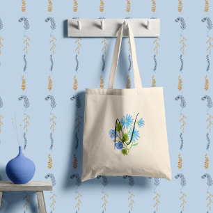 Blaue Blume in Aquarell mit Ihrem Initial. Tragetasche