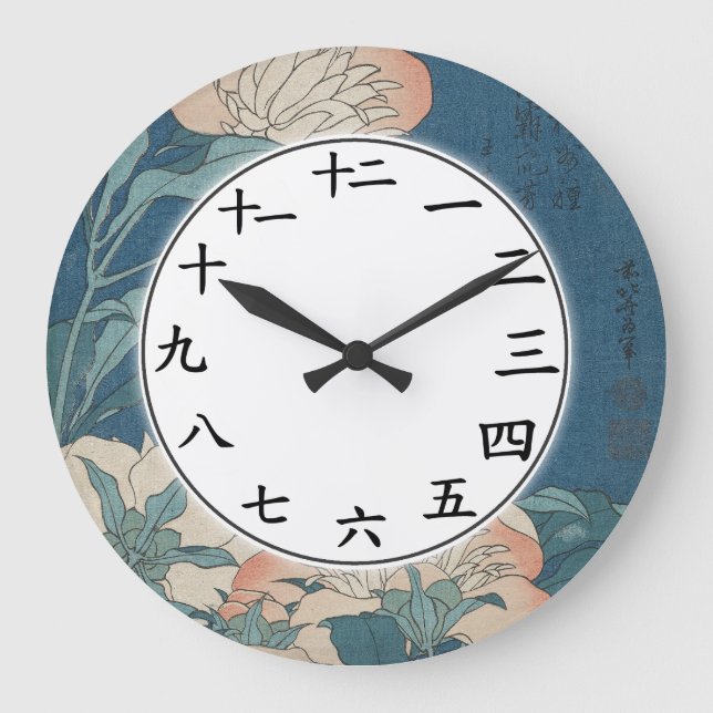 Blaue Blume Japanischer oder chinesischer Zahlenuh Große Wanduhr (Vorderseite)