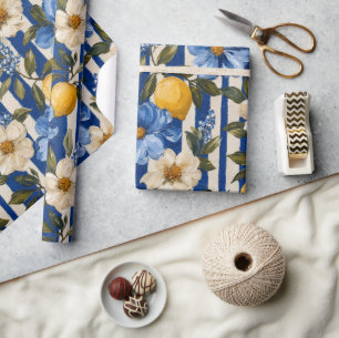 Blaue Blume-Limonen-Streifen Elegant  Geschenkpapier