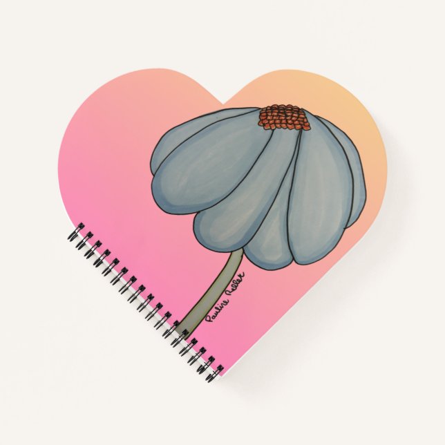 Blaue Blume mit rosa Hintergrundherz Notizbuch (Vorderseite)