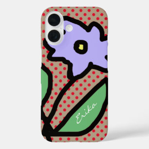 blaue Blume, Punkte und Name iPhone 16 Hülle