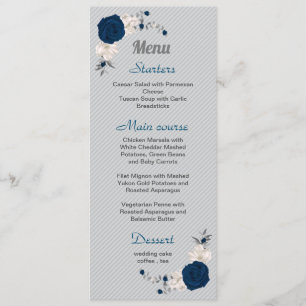 Blaue Blume, silberne Blätter Hochzeit Menükarte