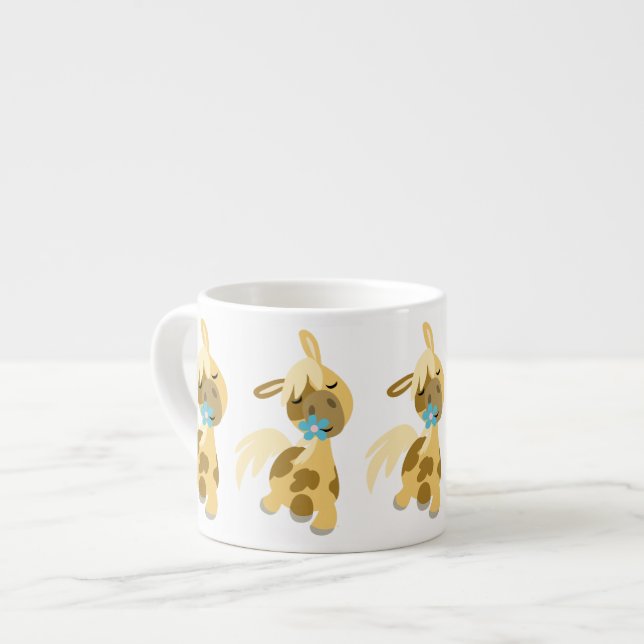 Blaue Blume und Niedlicher Cartoon Pony Espresso T Espressotasse (Vorderseite Links)