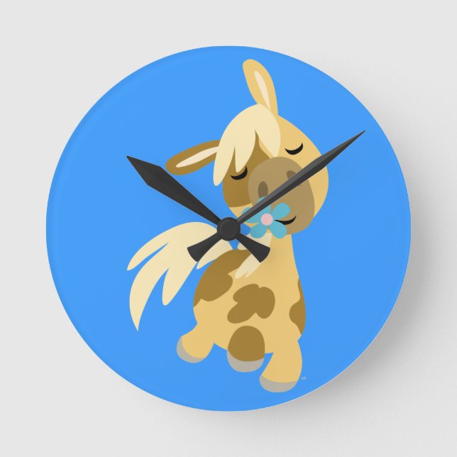 Blaue Blume und Niedlicher Cartoon Pony Wall Clock Runde Wanduhr (Vorderseite)
