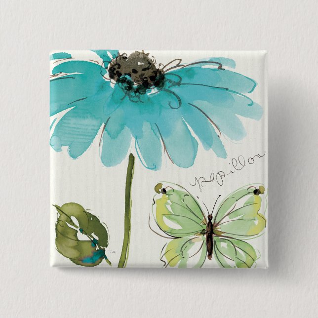 Blaue Blume und Schmetterling Button (Vorderseite)