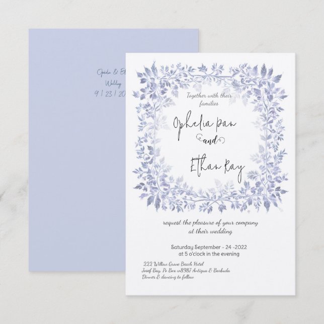 Blaue Blume Verzierte Hochzeit Einladung (Vorne/Hinten)