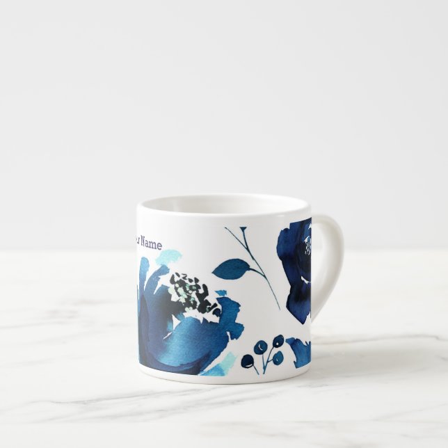 Blaue Blume Wasserfarbe Wasserfarben Elegant Espressotasse (Vorderseite Rechts)