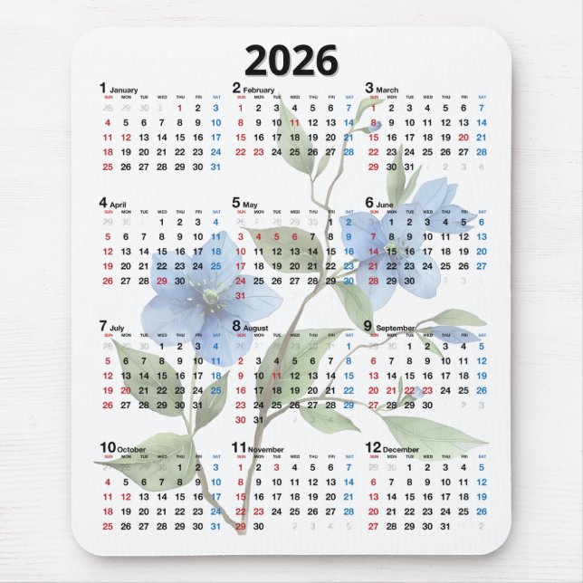 Blaue Blumen 2026 Kalender auf Weiß Mousepad (Vorne)