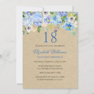 Blaue Blumen-Aquarell-Einladung zum 18. Geburtstag Einladung