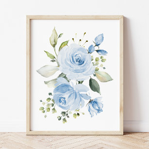 Blaue Blumen, Aquarellfarben-Blume, Junge Kinderzi Fotodruck